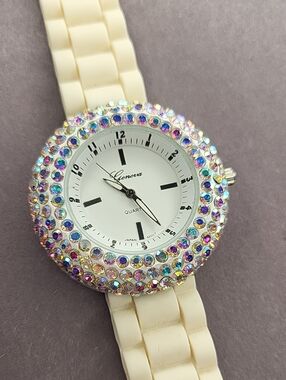 Geneva White Watch with Iridescent Crystal Bezel